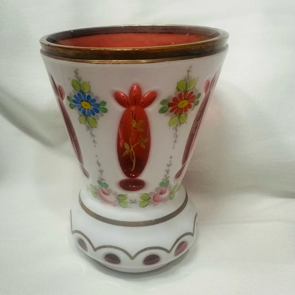 Vintage Bohemia Heritage Czech‎ Glass Cut to Cranberry Floral Vase Bohemian